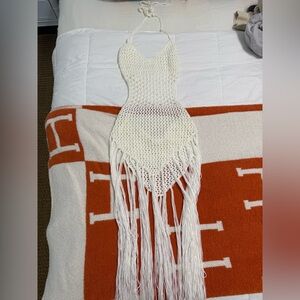 White Crochet Fringe Scarf